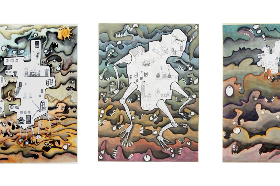 three watercolour images of monsters and cities