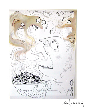 ink design of a grandmother freaked out by her own soup